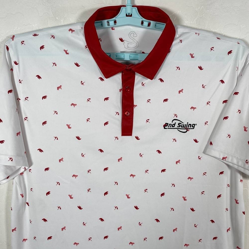 Swannies Polo Shirt Mens Large White Red Golf Performance Animal Print‎ AOP